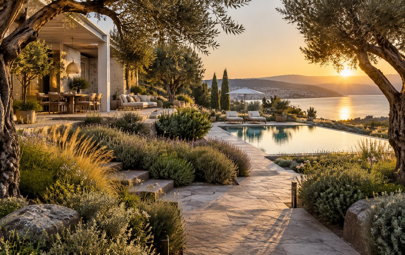 İzmir'de deniz manzaralı villa bahçesi peyzaj uygulaması